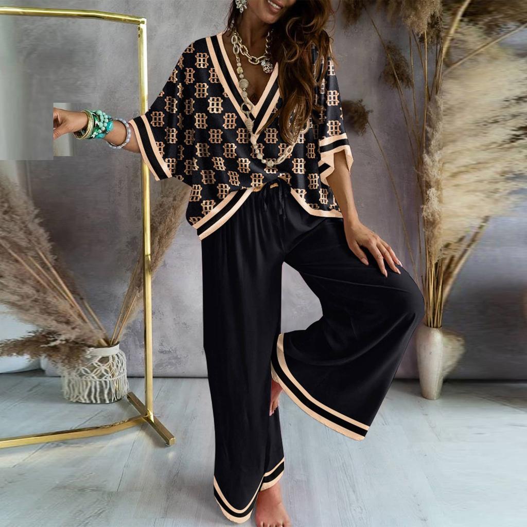 Женский модный повседневный топ с коротким рукавом и v-образным вырезом с принтом, брючный костюм