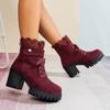 Fashion Sexy Lace Patchwork Thick Bottom High Heel Ankle Boots Chunky Platform Thick Heel Suede Short Boots Retro Wine Red Women's Shoes