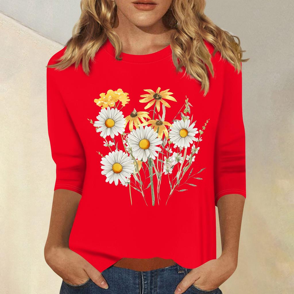 Women's Fashion Casual Printed Seven Sleeve Round Neck Top