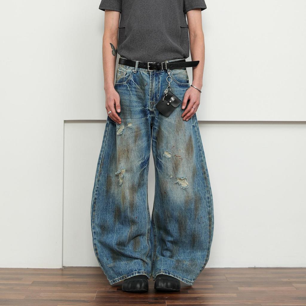 Унисекс Винтажные Хип-Хоп Рваные Джинсы Широкого Покроя с Изогнутыми Штанинами и Эффектом Грязной Стирки
