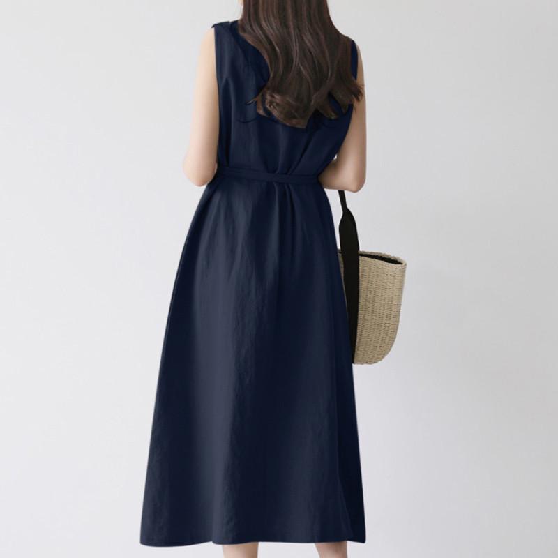 Women's Bohemian Sleeveless Belted Cotton Linen Maxi Dress