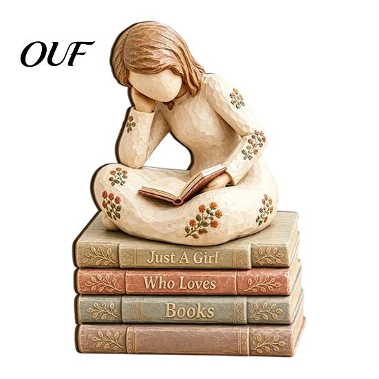 Unique Presents for Book Lovers Wooden Reading Girl Figurine Lovers, Personalized Desktop Bookshelf Decor with Bookworm Accessories Desk Stacked
