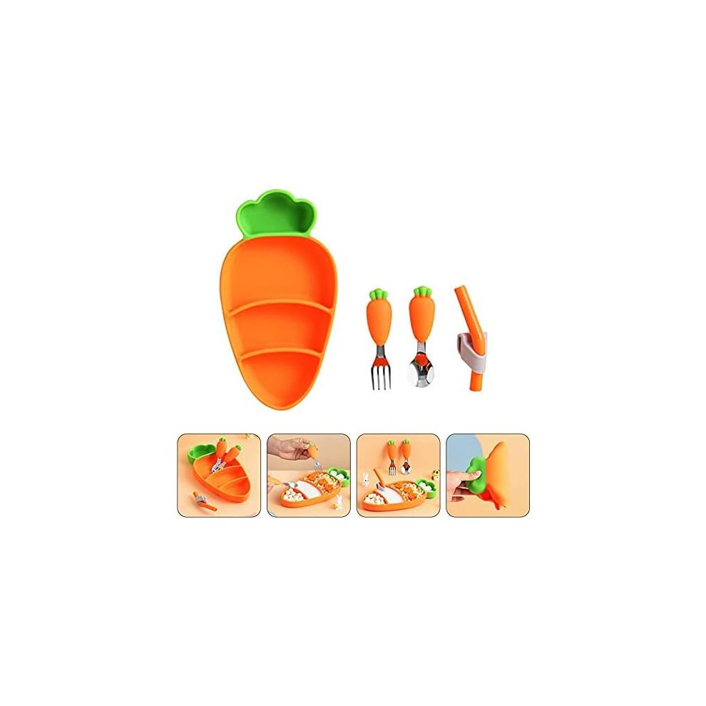 Baby Plates - Carrot Silicone Toddler Plates with Non-Slip Suction, Portable Feeding Set with Spoon, Fork, and Straw for Children