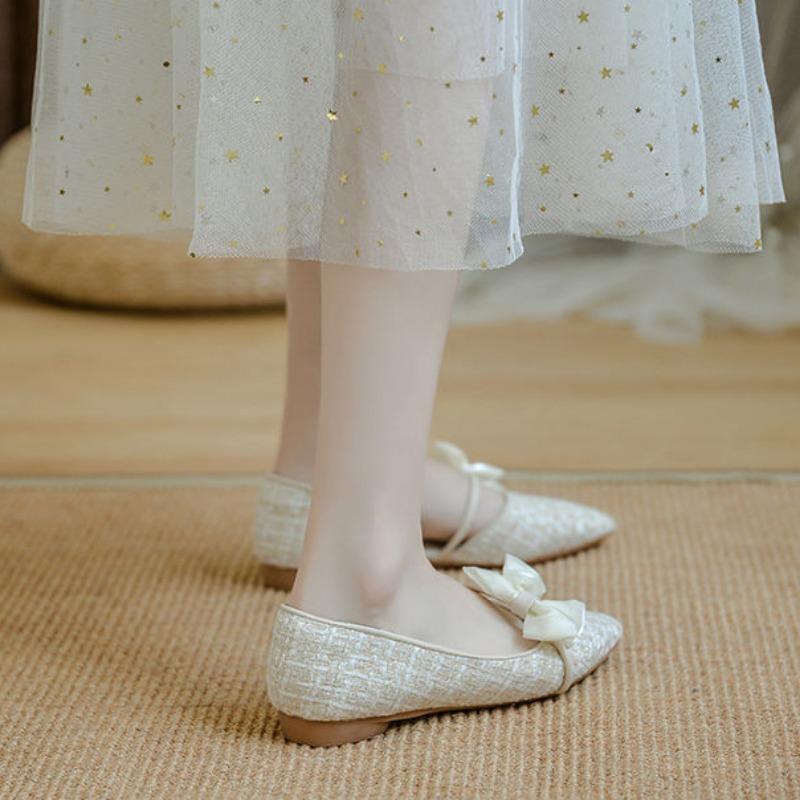 Shoes for Women with Bow Pointed Toe Evening White Woman Flats Elegant and Fashionable On Sale 2025 Trend Popular Vacation Young