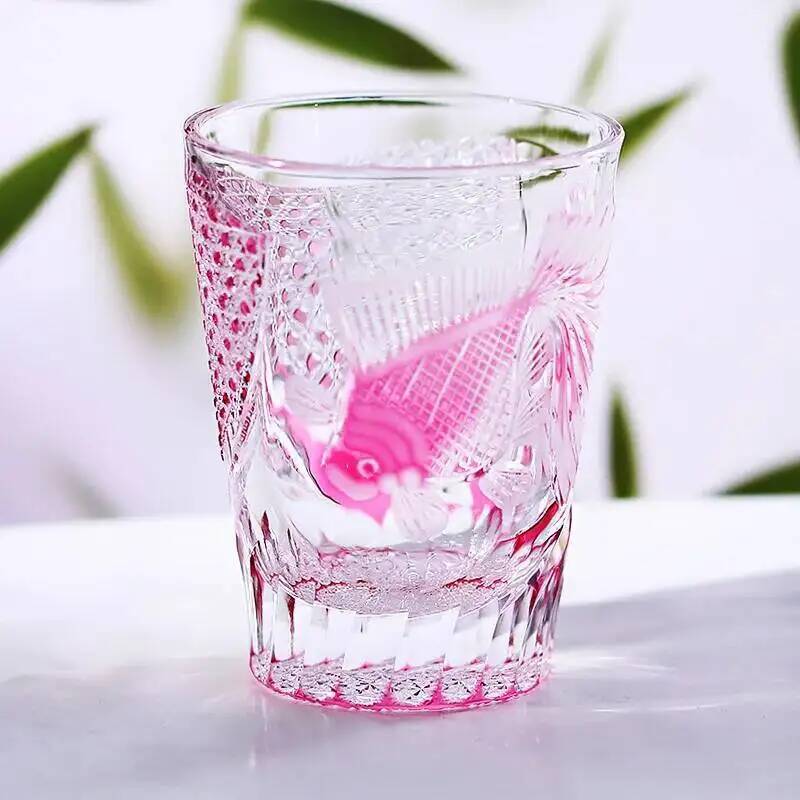 Pink Crystal Wine Glass Exquisite Carving Goldfish Edo Kiriko Wineglass Whiskey Cup Brandy Snifter Whisky Rock Tumbler For Women