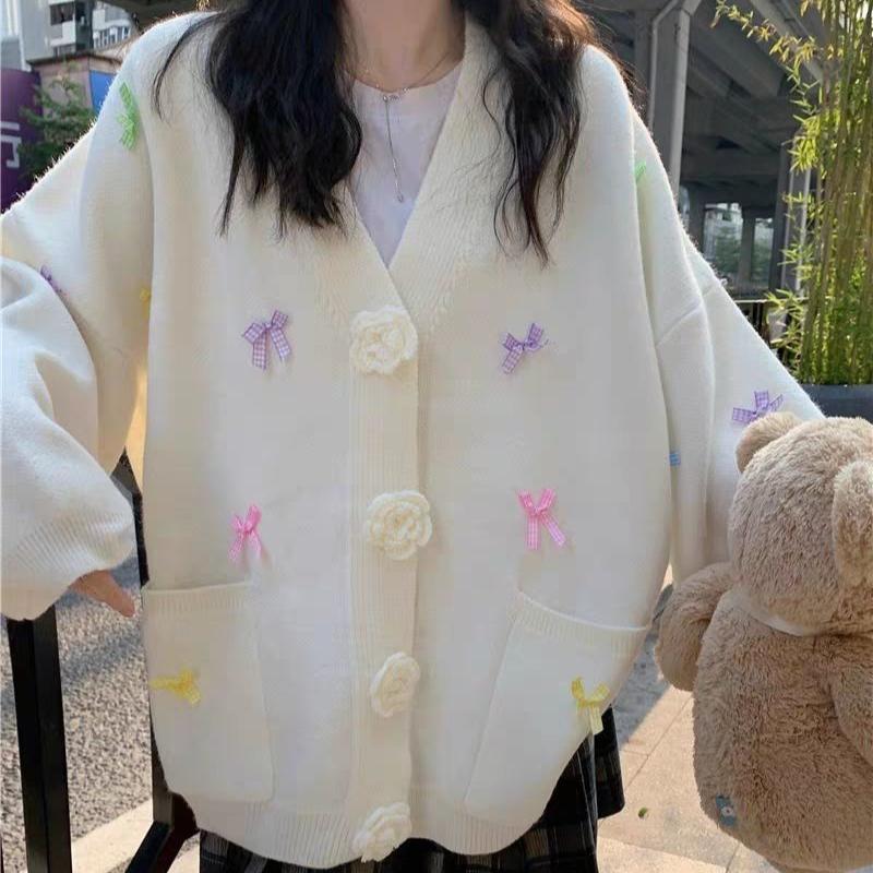 3D цветочный кардиган для женщин однотонный длинный рукав свободный бант женский свитер V-образный вырез повседневная женская верхняя одежда топы