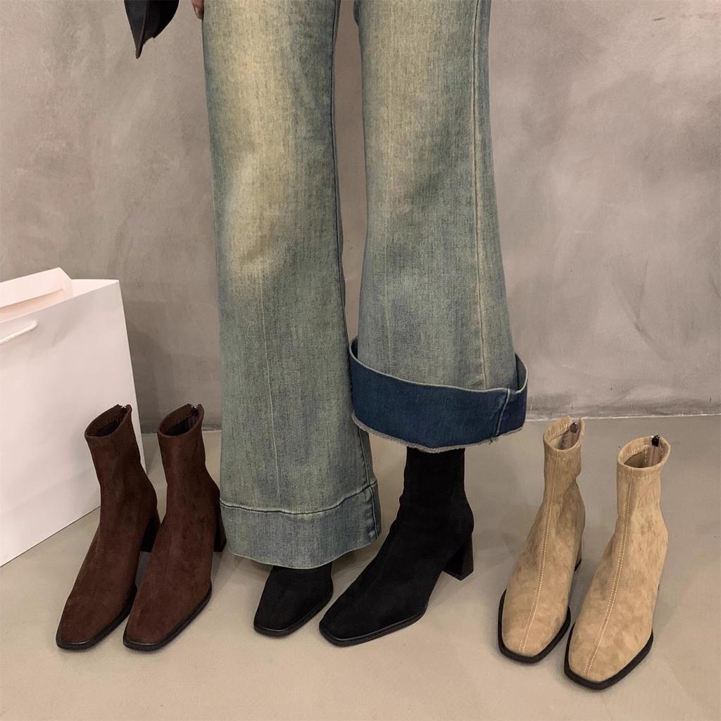 Новые туфли на высоком каблуке из тонкой замши, женские ботинки Martin, короткие ботильоны, бархатные ботильоны, осенне-зимняя квадратная головка, корейская мода