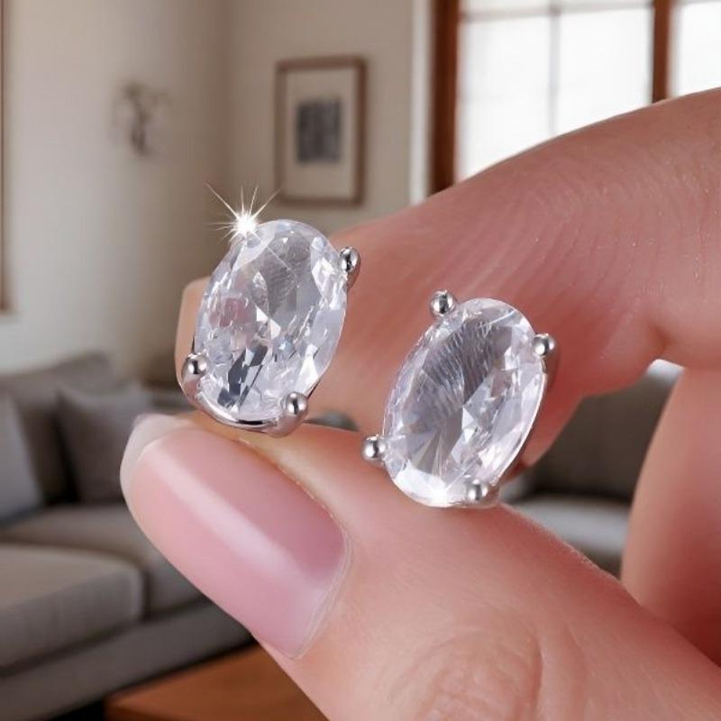 Trendy and Simple Four Claw Oval White Zircon Earrings, Classic and Versatile, Small and Compact Women's Zircon and Accessories