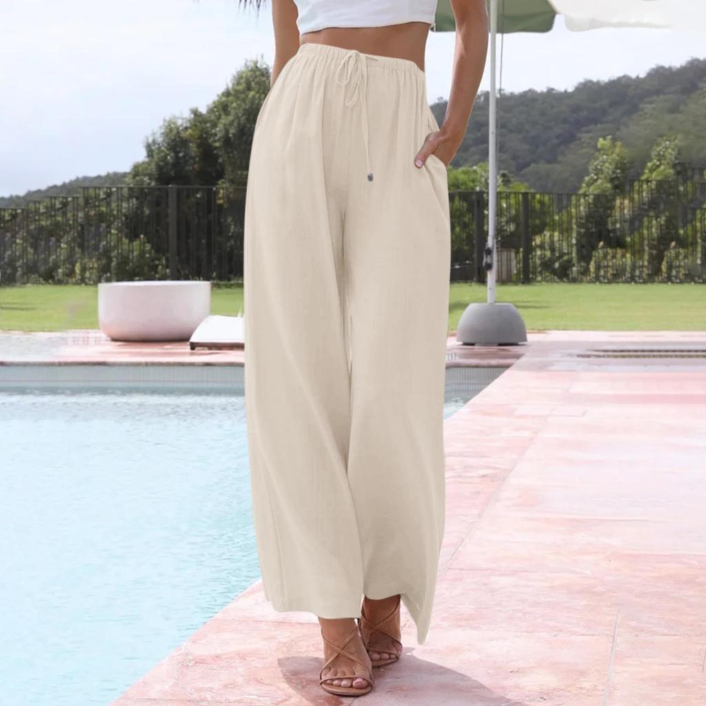 Брюки с широкой талией для женщин, повседневные летние брюки на шнурке, струящиеся пляжные брюки с карманами