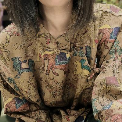 Женские винтажные рубашки с цветочным принтом, стойка, длинный рукав, свободные, осенние, в китайском стиле, мягкие женские блузки