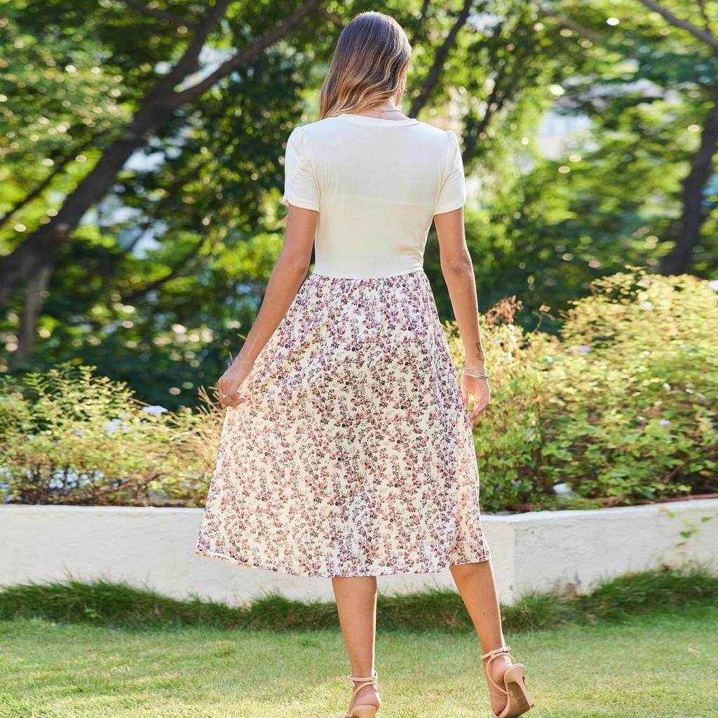 Женское повседневное платье миди с милым узором и круглым вырезом, классическое повседневное свободное платье с коротким рукавом