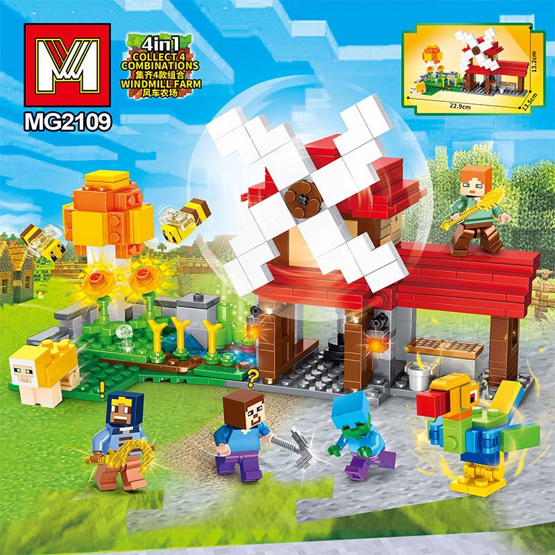 Minecraft Inspired Mini Building Blocks Farm Windmill Set Sheep Pen Ranch Steve Minifigure