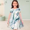 Girls Round Neck Short Sleeve A Line Flared Hem Printed Dress