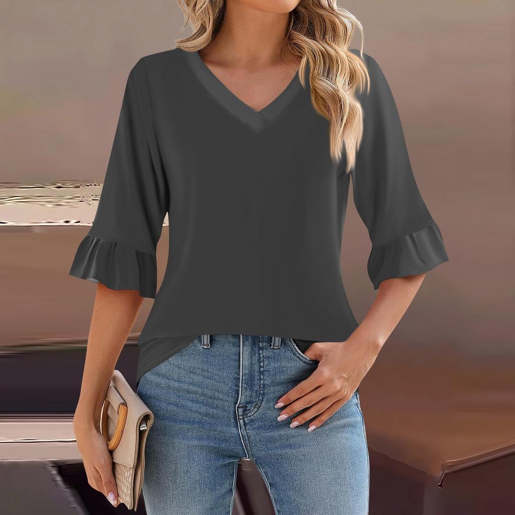 Женский повседневный топ с рукавами 3/4, летняя футболка с v-образным вырезом и пышными рукавами