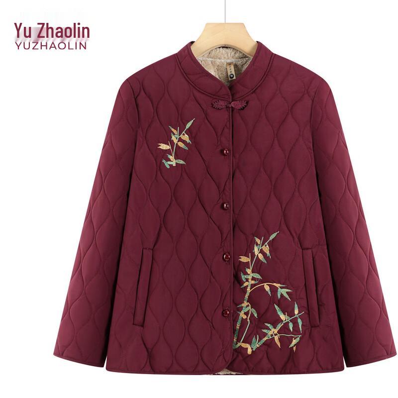 YUZHAOLIN Women's Fleece-Lined Floral Embroidered Elderly Winter Cotton Jacket