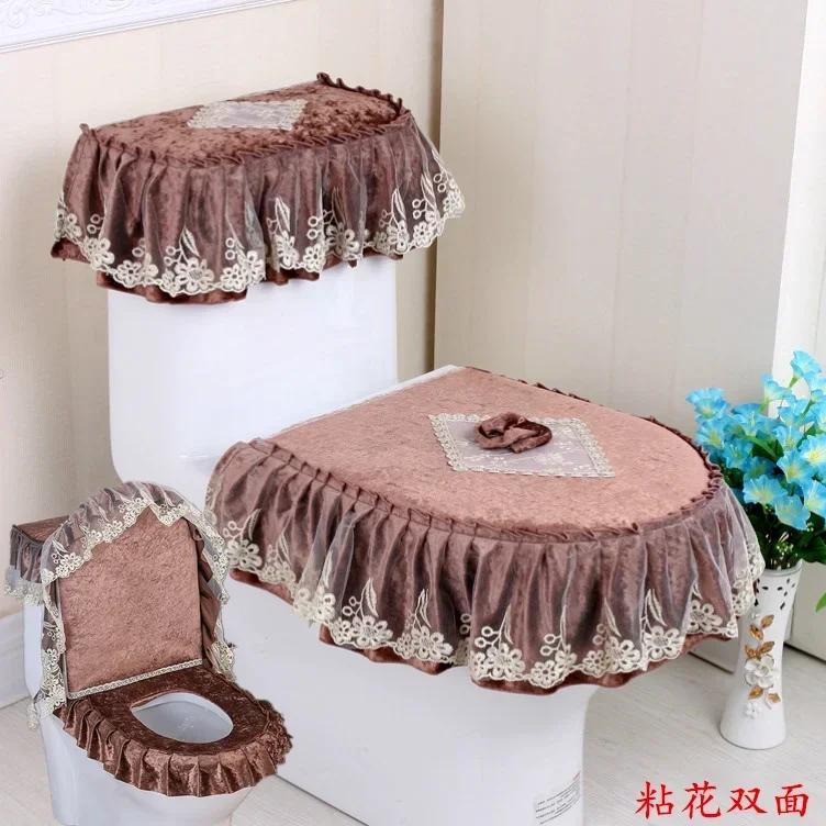 Вышитый край кружевной коврик для унитаза из 3 частей осенне-зимний бархатный чехол для унитаза U-образная молния сиденье для унитаза юбка стиль подол