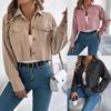 Women Spring Autumn Casual Long Sleeve Lapel Solid Color Pocket Corduroy Jacket Coat
