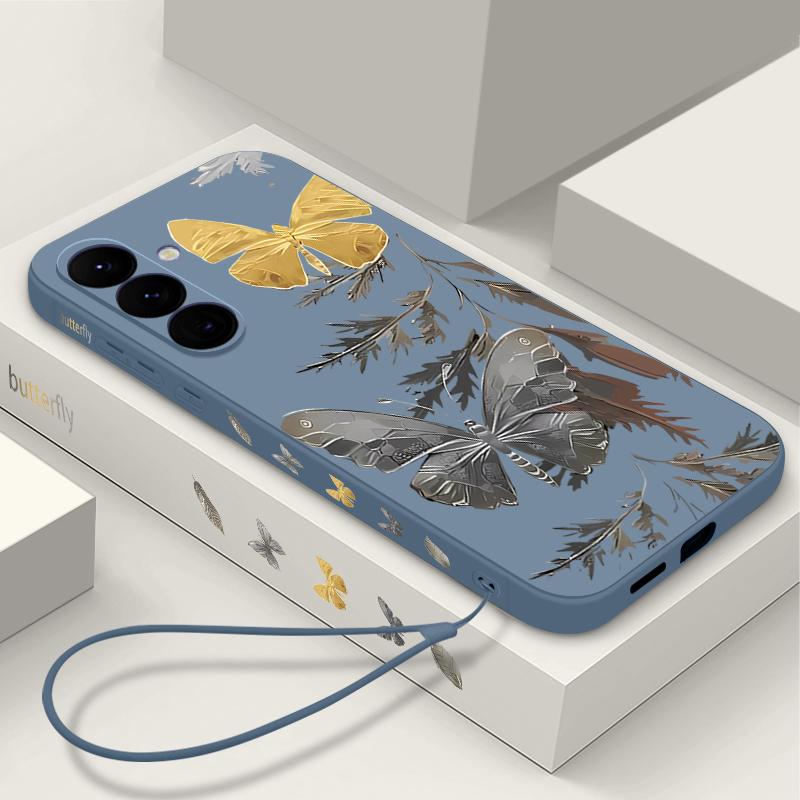 Чехол с гальваническим покрытием и рисунком золотой бабочки для Samsung Galaxy A56 A17 A26 A16 A36 A55 A54 A53 A15 S24 S25 FE S25 S22 S23 Ultra Plus со шнурком, мягкий чехол