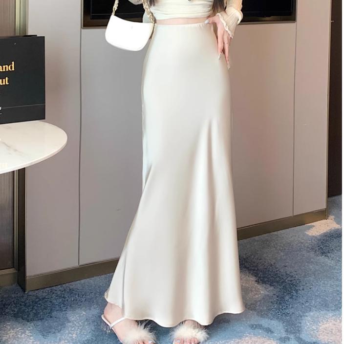 Summer Satin Skirt Women's Long Skirt Silk High Waisted Slim Fashion Korean Solid Champagne Black Maxi Skirts for Women