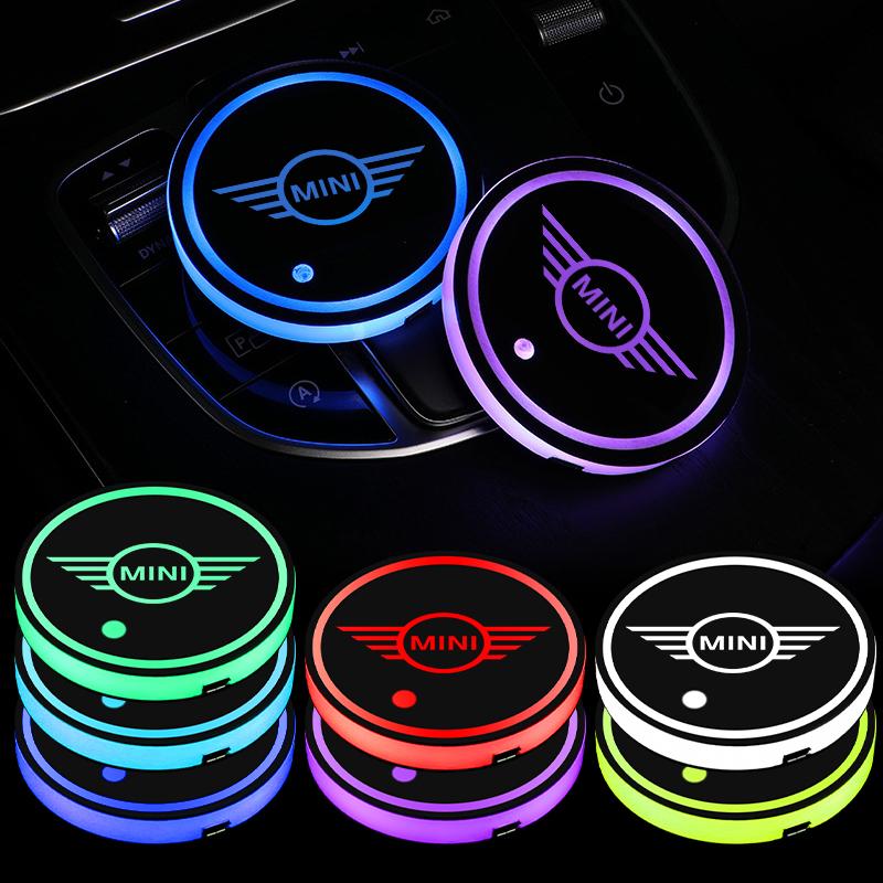 2Pcs Luminous Car Coaster with Led Light Water Cup Holder Non-Slip Pad For MINI Cooper JCW WORKS R55 R56 F55 F56 R57 R58 R59 R60 w1