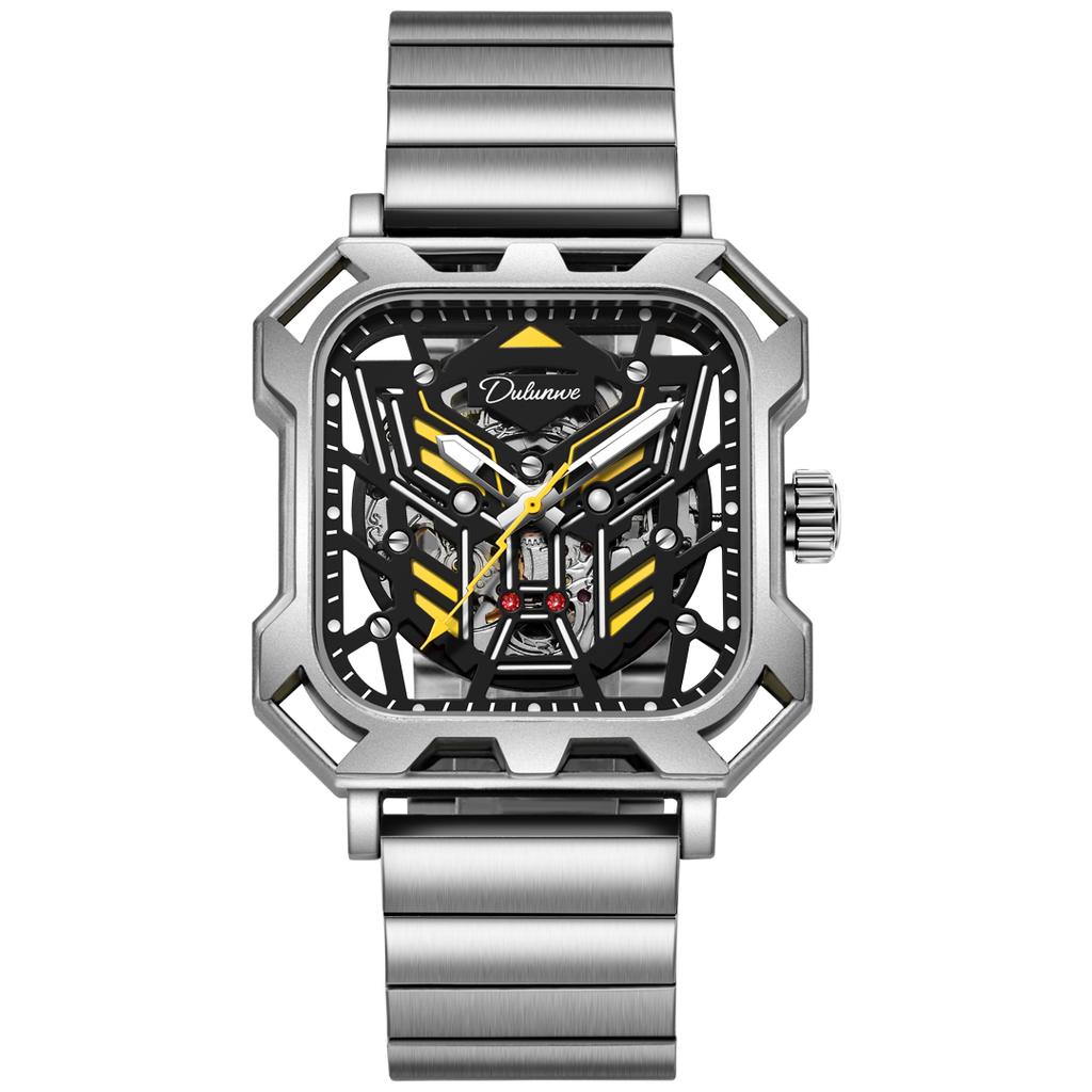 Новая концепция трехмерных квадратных циферблатов с полым циферблатом, мужские прохладные ночные светящиеся водонепроницаемые автоматические механические часы из нержавеющей стали