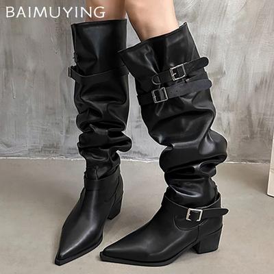 Массивные женские высокие сапоги из кожи с острым носком на среднем каблуке, модные дизайнерские туфли-лодочки с пряжкой 2025 года, готические зимние ботинки длиной до колена