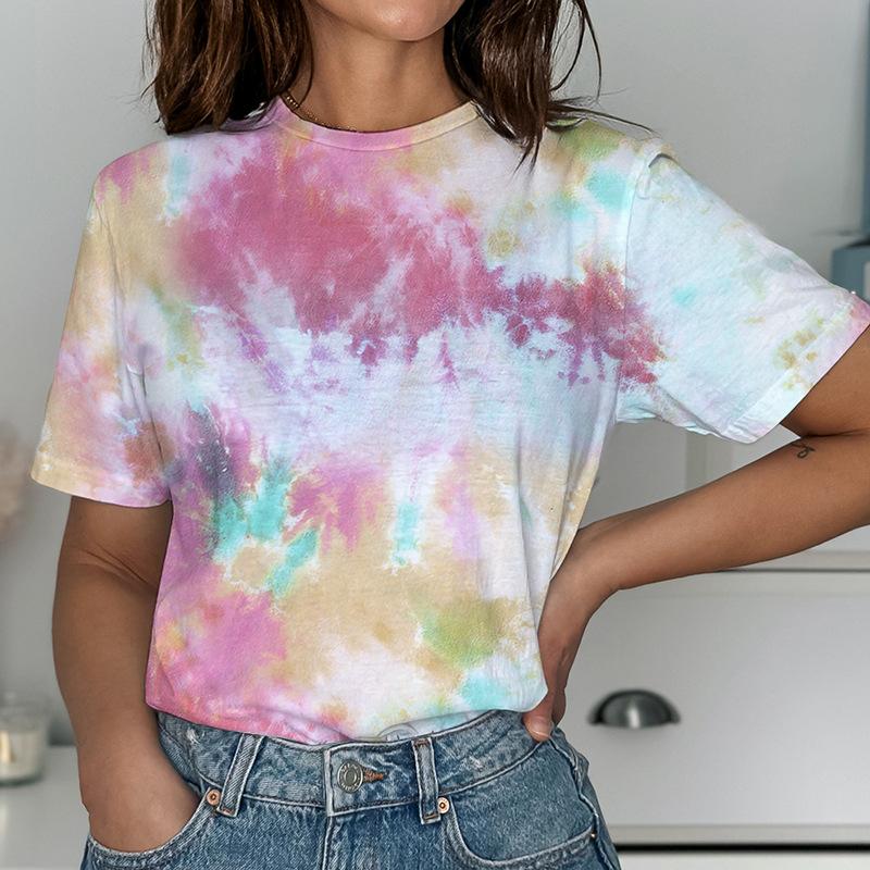 Летний топ с круглым вырезом и принтом 3D Tie Dye, модные повседневные женские футболки с короткими рукавами