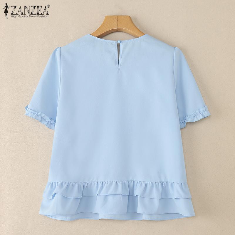 ZANZEA Женская повседневная летняя блузка с круглым вырезом и коротким рукавом