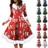 Women's Fashion V-neck Casual Fit Christmas Print Party Long Sleeve Dress