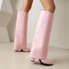 Women's Knee High Boots Winter Shoes Turned-over Edge Black White Pink Heels Long Boot Ladies Footwear Shoe