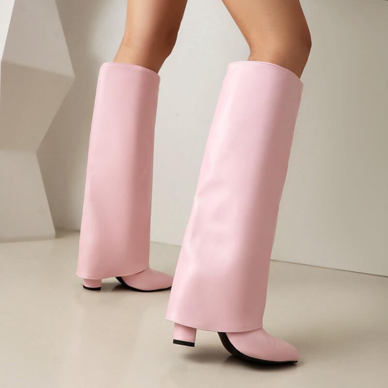 Women's Knee High Boots Winter Shoes Turned-over Edge Black White Pink Heels Long Boot Ladies Footwear Shoe