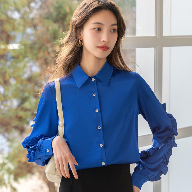 Новая женская приталенная однотонная универсальная рубашка с длинным рукавом для весны и осени
