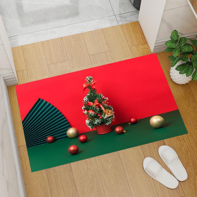 Red Coral Fleece Christmas Floor Mat with Santa Claus and Tree Design
