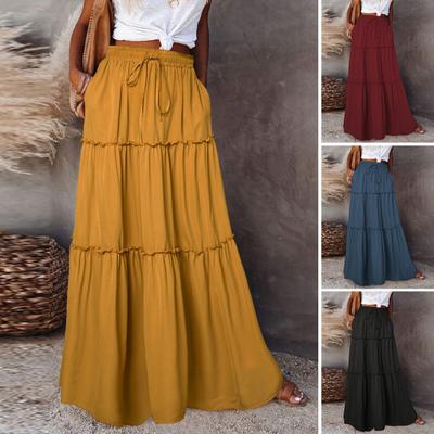 Женские летние юбки в стиле бохо с высокой талией, эластичным поясом, плиссированные длинные юбки, однотонные юбки макси в стиле бохо, юбки-трапеции с оборками