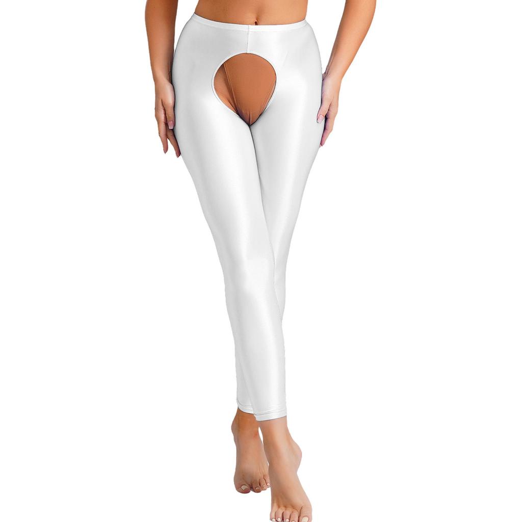 Женские глянцевые леггинсы с высокой талией, облегающие тайтсы со стратегическим отверстием, базовые брюки
