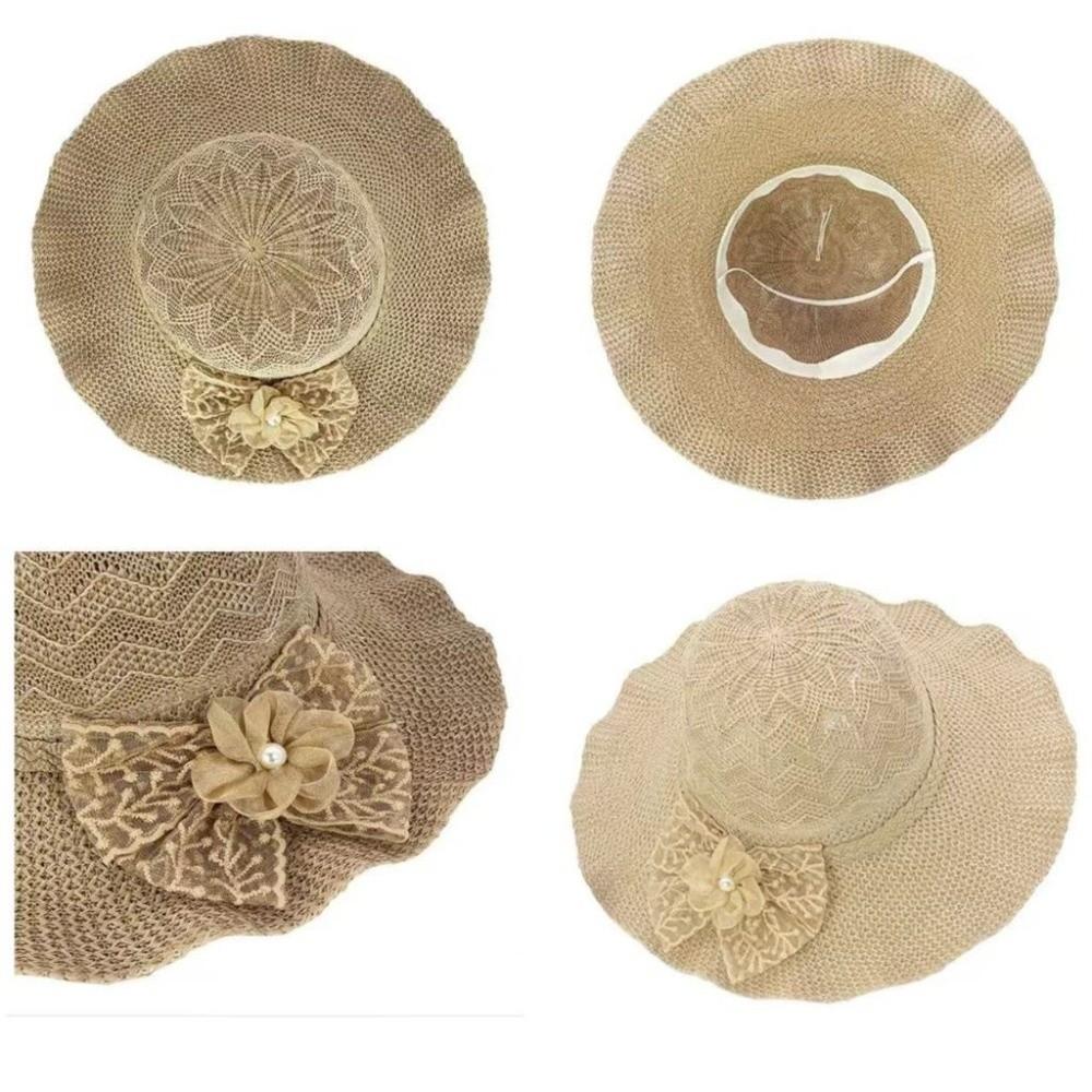 Lace Bow Wide Brim Knitted Hat Solid Color Beach Sun Hat Fashion UV Protection Cap Travel