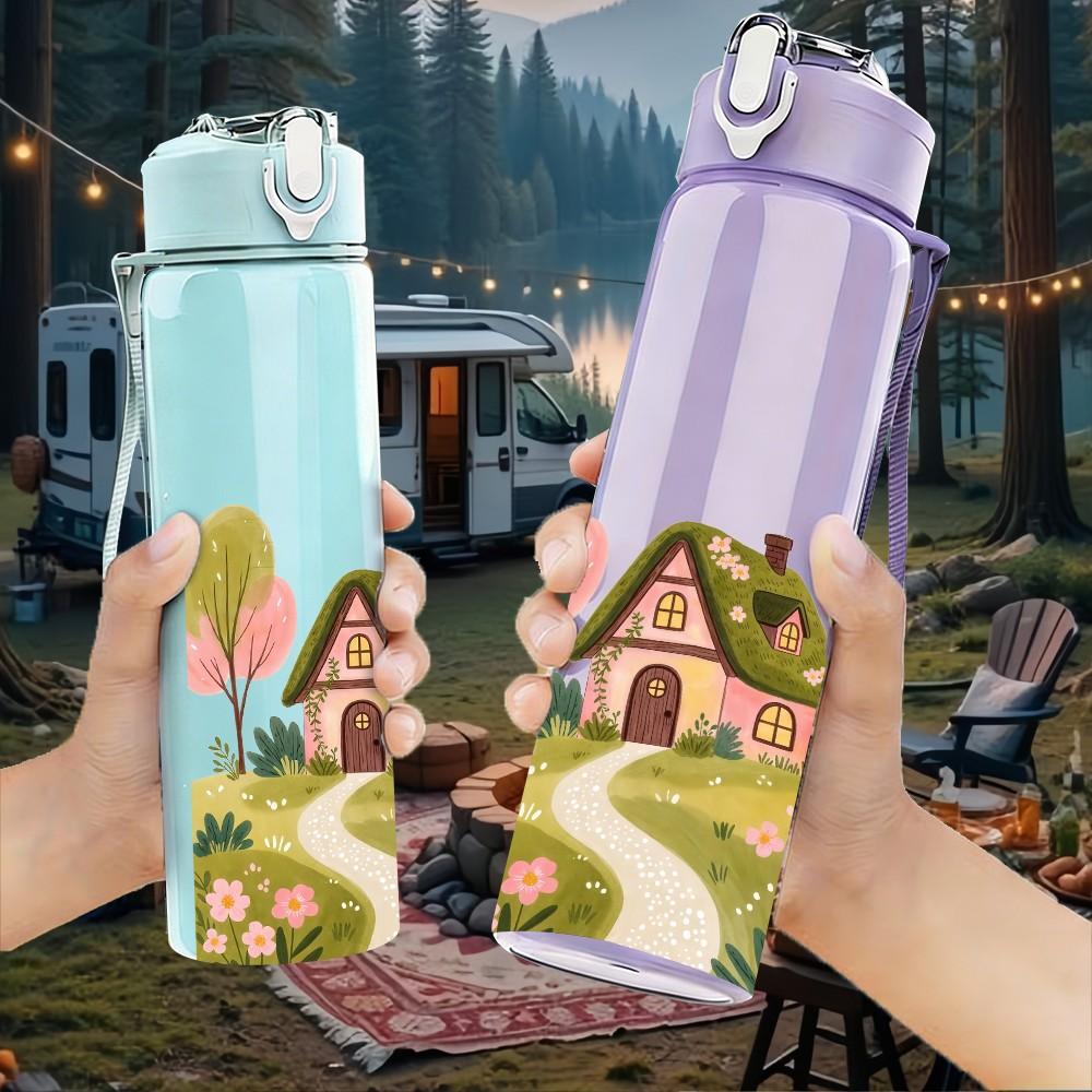 1PC Country House Garden Scene Print 750ml Color Plastic Sports Water Bottle Leakproof Flip Straw Lid Suitable for Sports Office Home Use