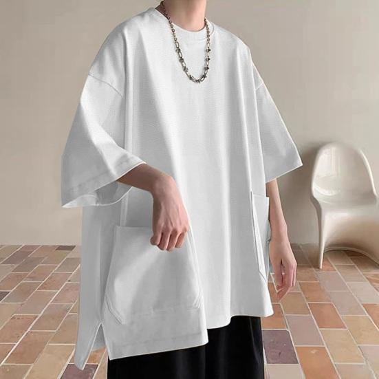 Summer Men T-shirt Round Neck Loose Mid Length Solid Color Plus Size Pockets Half Sleeves Streetwear Outdoor Top