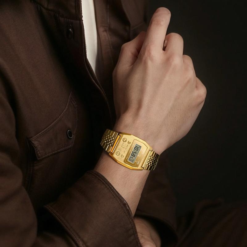 Casio Полностью металлическая серия - квадратный циферблат, цифровой дисплей, водозащита для повседневного использования, Кварцевый, Стальной ремешок, , тот же стиль для мужчин и женщин, золотой циферблат A1100GV-9JF