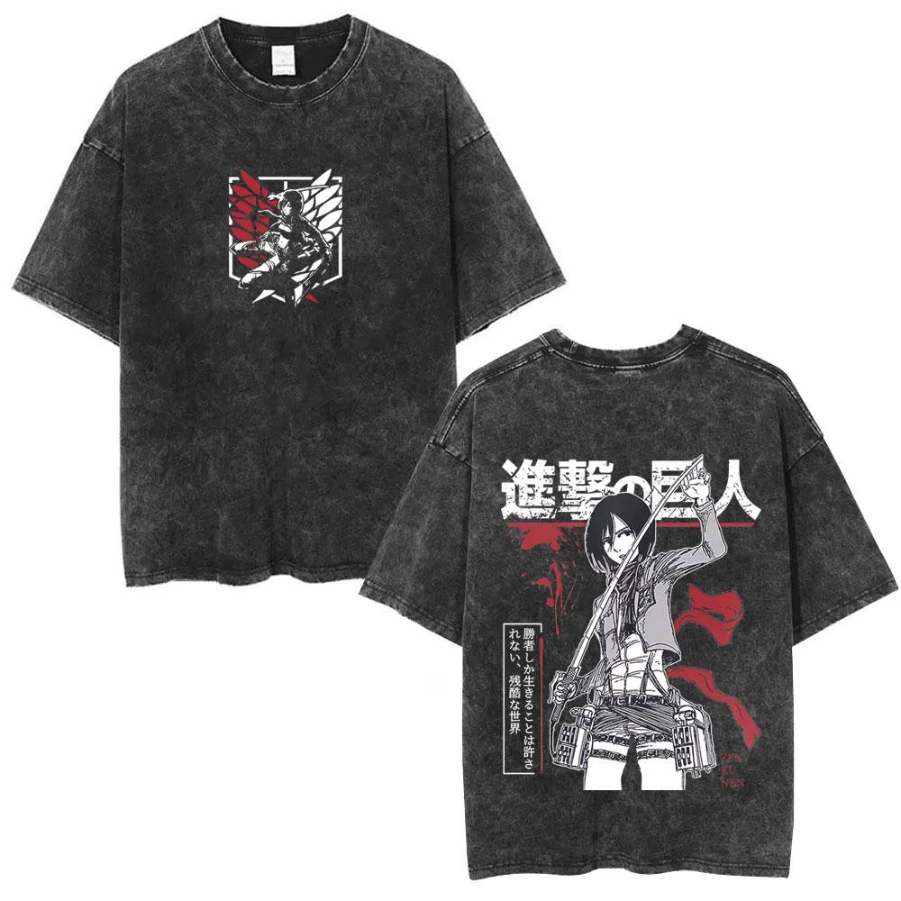 Washed Vintage Anime Attack on Titan Mikasa Ackerman Merch Tshirt Men Women Manga Cosplay Oversized T Shirt Man Cotton Tshirts