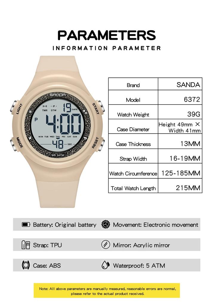 Sanda 6372 Brand Trendy Men Led Electron Watch Soft Tpu Strap Big Screen Led Digital Waterproof Alarm Clock Sports Men's Watches
