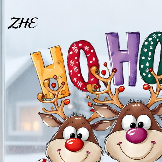 Christmas Window Clings Static Cling Stickers, Cartoon Reindeer HOHOHO Art Glass Decals, Cute Decals Festive Holiday Decor for Home Windows