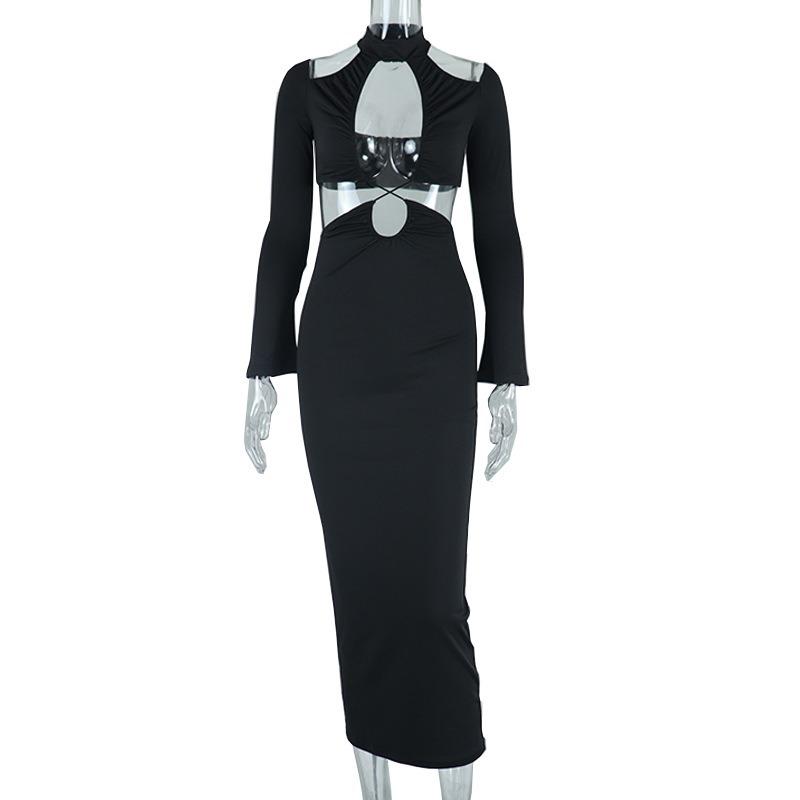 Женское сексуальное платье с круглым вырезом, однотонное, с запахом на груди, с длинным рукавом, с открытой спиной, для уличного ночного клуба, с бедрами