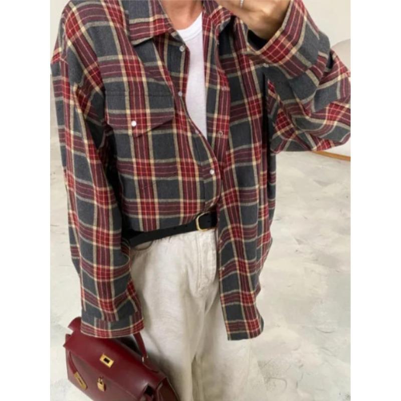 Винтажная свободная рубашка с лацканами, весенне-осенняя клетчатая женская рубашка с длинными рукавами и карманами