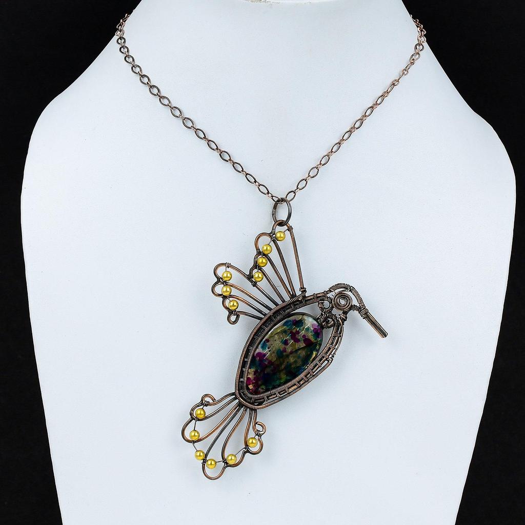 Кулон из нескольких огненных лабрадоритов, кулон из медной проволоки, кулон ручной работы с драгоценным камнем, уникальные медные украшения, кулон с птицей, подарок на юбилей