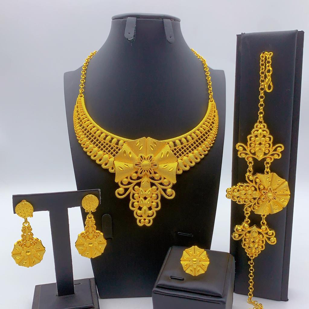 African Gold-plated Jewelry Four-piece Arab Indian Ladies Necklace Bracelet Earrings Ring Jewelry Set