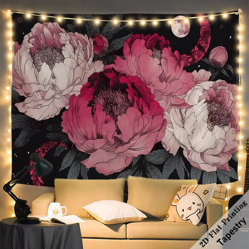 Large Peony Floral Tapestry Wall Decor Boho Pink Flower Art Maximalist Aesthetic Print for Living Room Bedroom 180x280cm