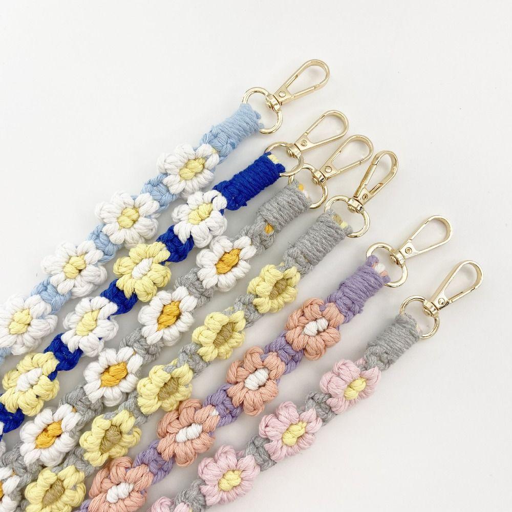 Boho Floral Daisy Flower Macrame Keychain Handmade Bags Handle Chain Mobile Phone
