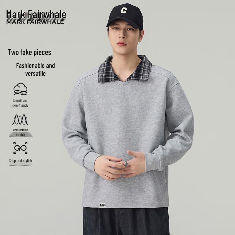Mark Fairwhale American College Style Fake Two-Piece Collared Sweatshirt