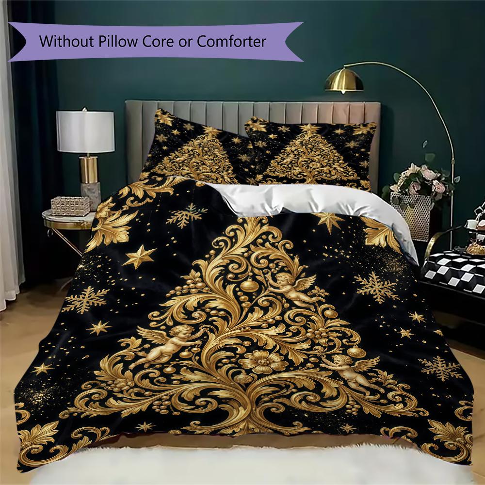 Golden Christmas Tree Pattern Bedding uilt Set uilt Cover Pillowcase Home Decoration Birthday Gift (1 * duvet cover + 2 * pillowcase without core)_XIA